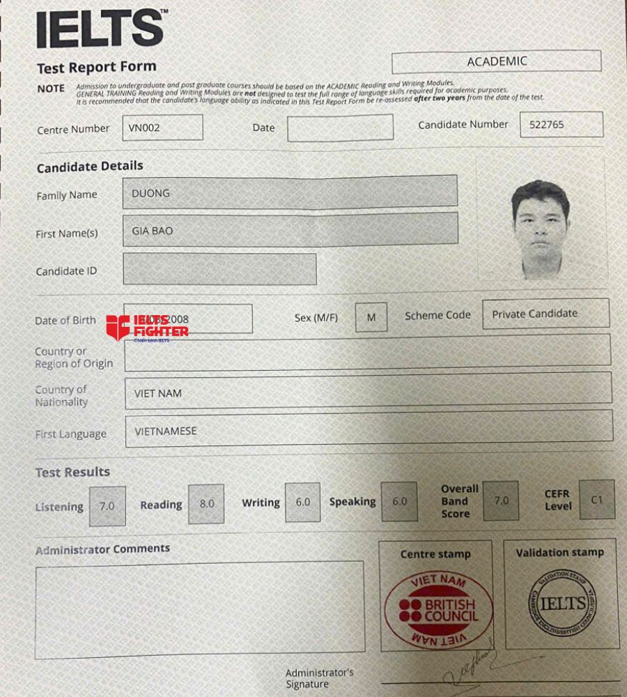 Chứng chỉ Dương Gia Bảo 7.0 IELTS