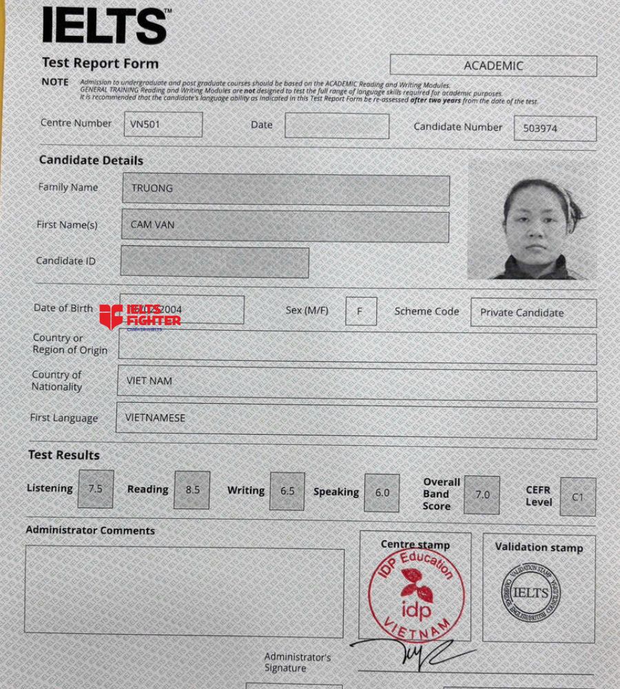 chứng chỉ Trương Cẩm V&acirc;n 7.0 IELTS