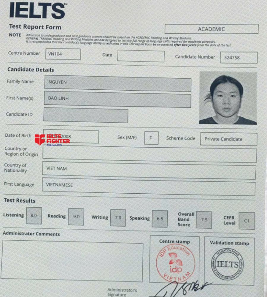 Chứng chỉ Nguyễn Bảo Linh 7.5 IELTS
