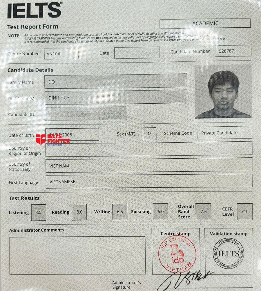 Chứng chỉ Đỗ Đ&igrave;nh Huy  7.5 IELTS