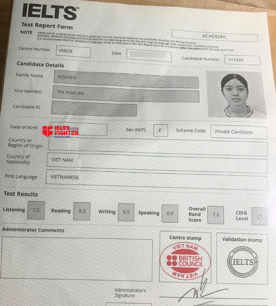 chứng chỉ Nguyễn Thị Ho&agrave;i An 7.0 IELTS