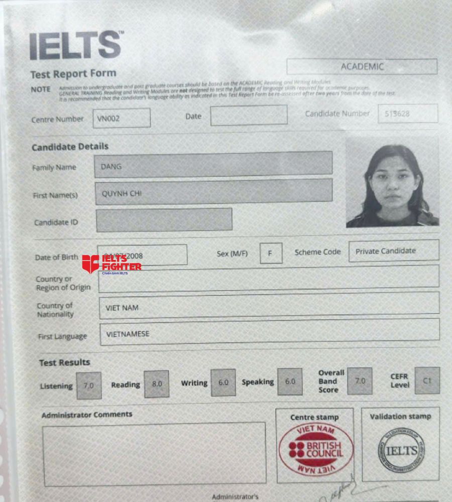 Chứng chỉ Đặng Quỳnh Chi  7.0 IELTS
