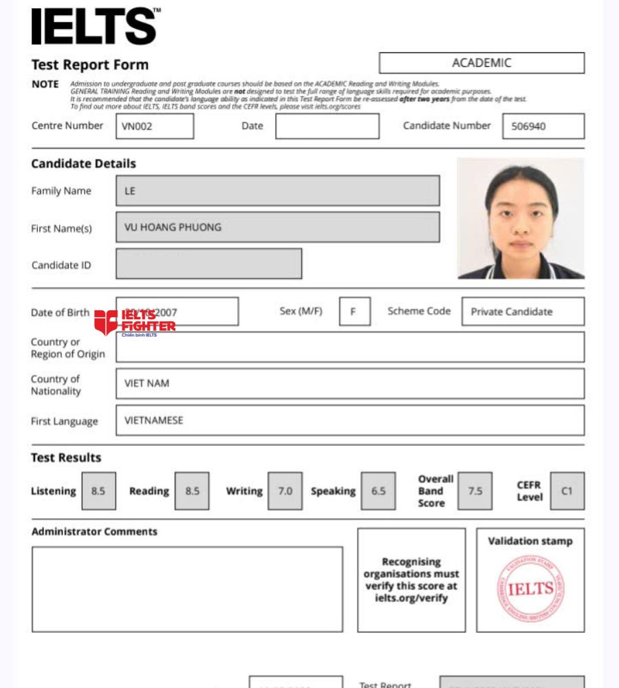 Chứng chỉ L&ecirc; Vũ Ho&agrave;ng Phương  7.5 IELTS