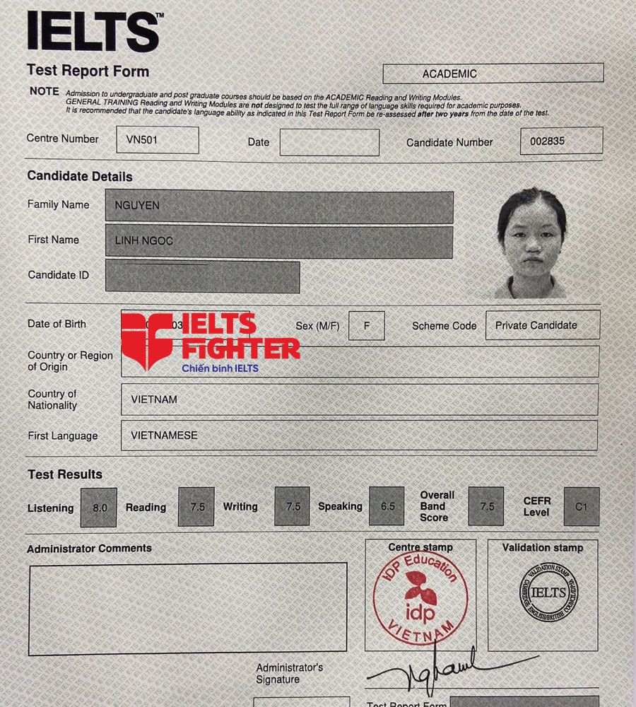 bảng điểm linh ngọc 7.5 IELTS