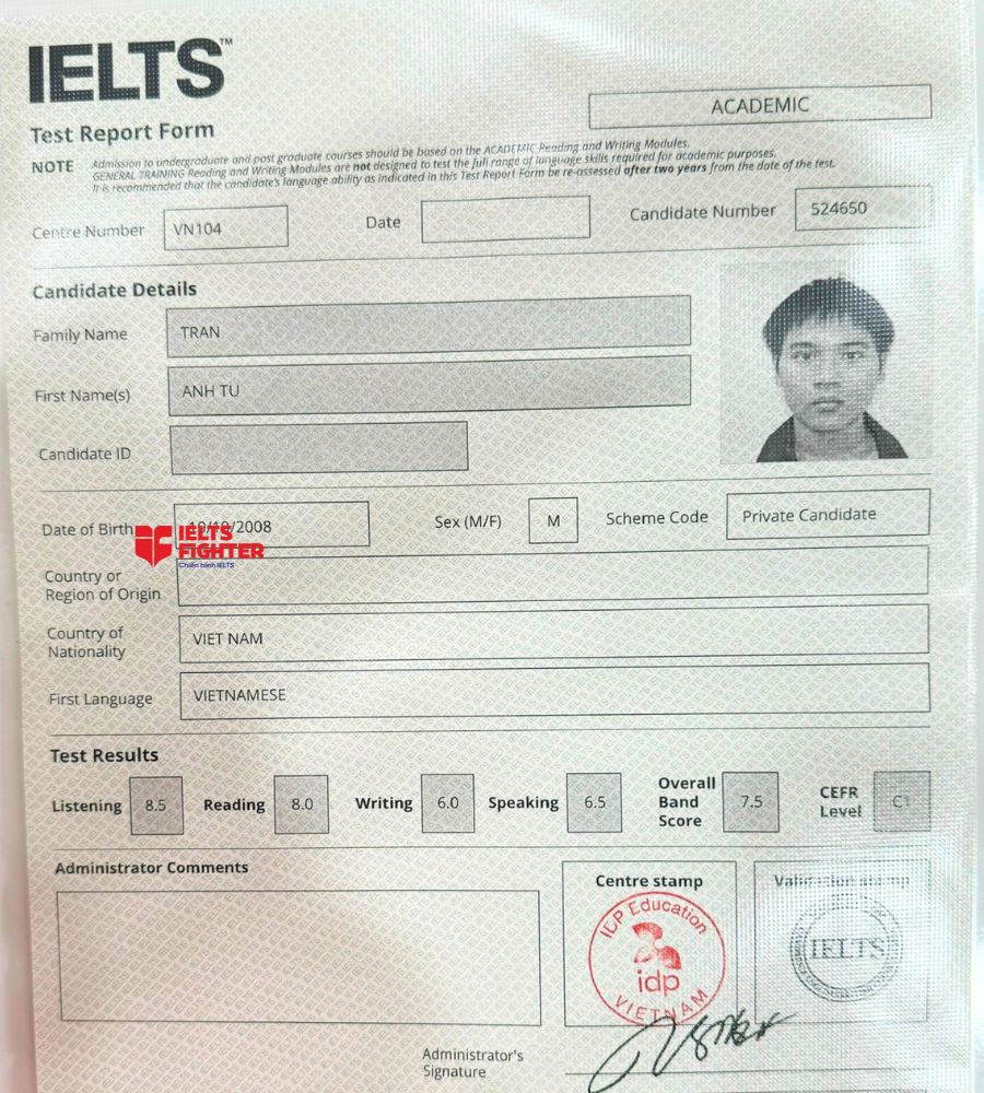 Chứng chỉ Trần Anh T&uacute; 7.5 IELTS