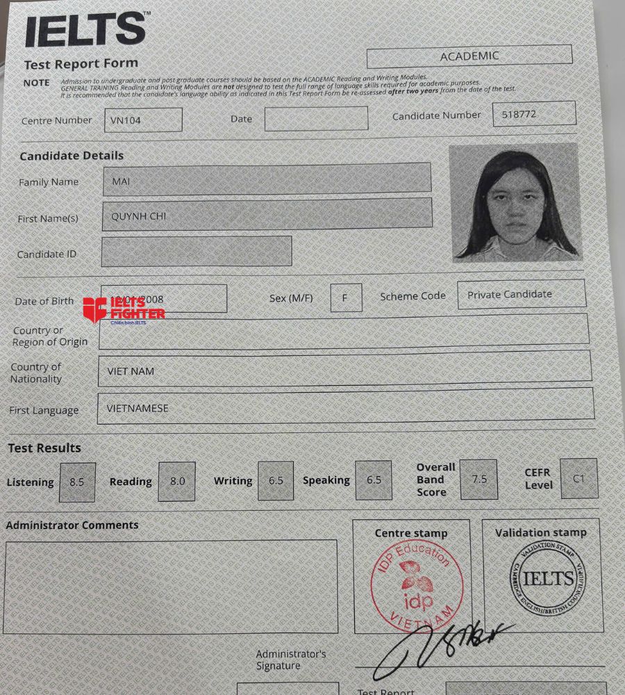 Chứng chỉ Mai Quỳnh Chi  7.5 IELTS