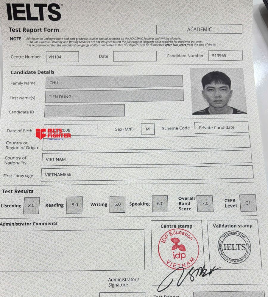 Chứng chỉ Chu Tiến Dũng 7.0 IELTS