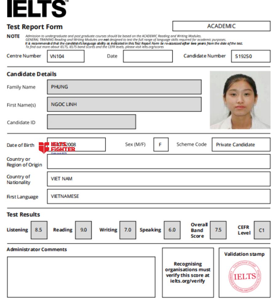chứng chỉ Ph&ugrave;ng Ngọc Linh   7.5 IELTS