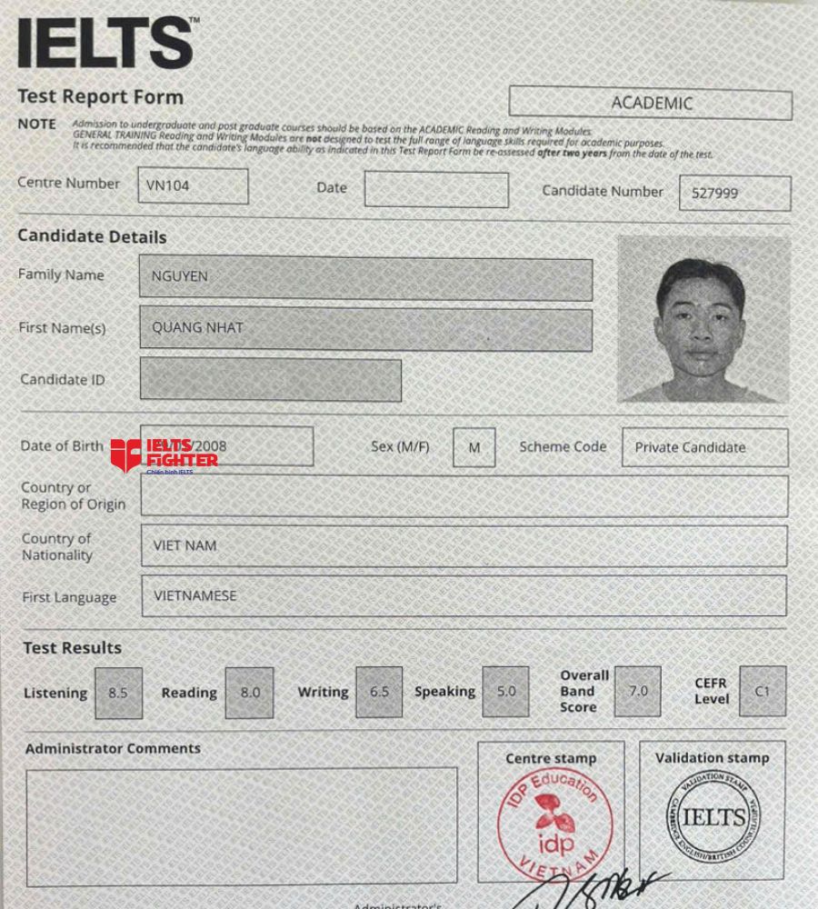 Chứng chỉ Nguyễn Quang Nhật 7.0 IELTS