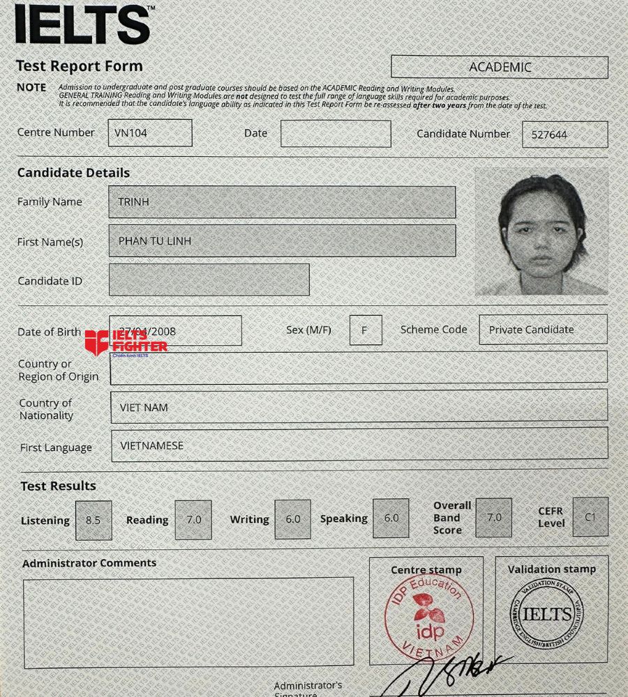 Chứng chỉ Trịnh Phan T&uacute; Linh 7.0 IELTS