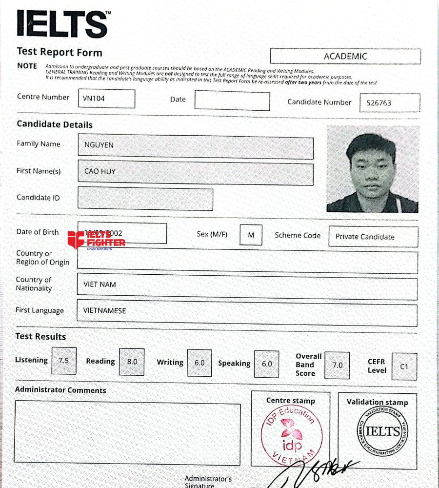Chứng chỉ Nguyễn Cao Huy 7.0 IELTS
