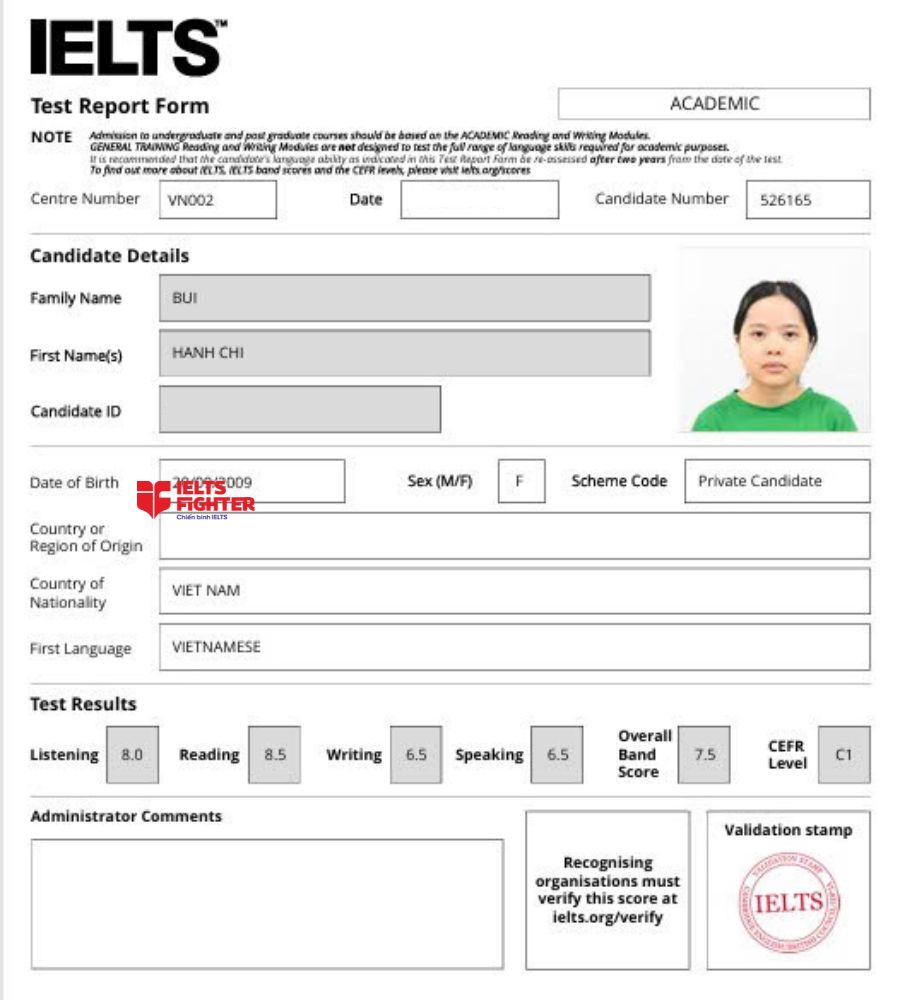 chứng chỉ B&ugrave;i Hạnh Chi 7.5 IELTS