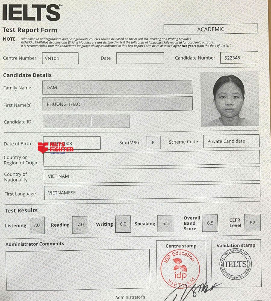 Chứng chỉ Đàm Phương Thảo 6.5 IELTS