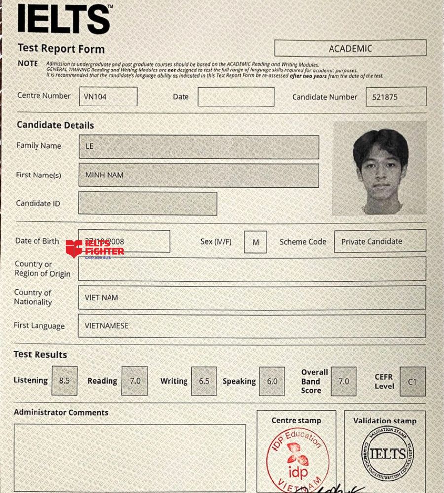 chứng chỉ L&ecirc; Minh Nam  7.0 IELTS