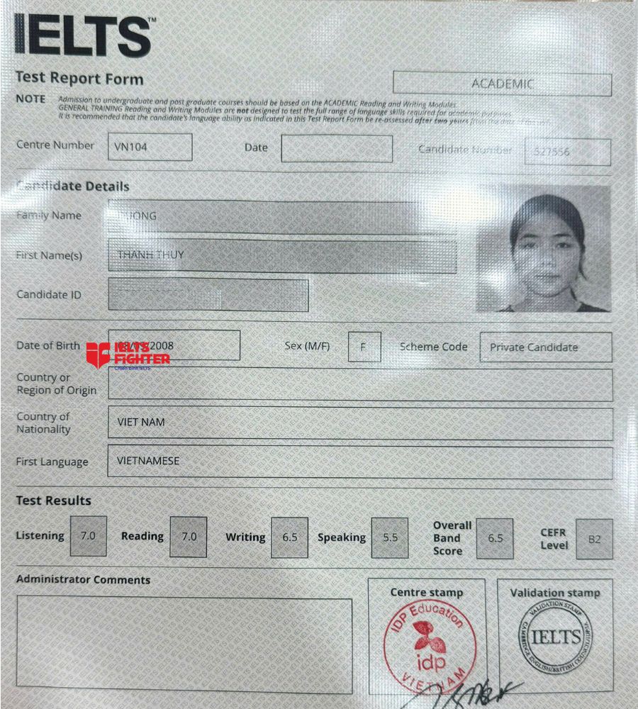 Chứng chỉ Dương Thanh Th&uacute;y  6.5 IELTS