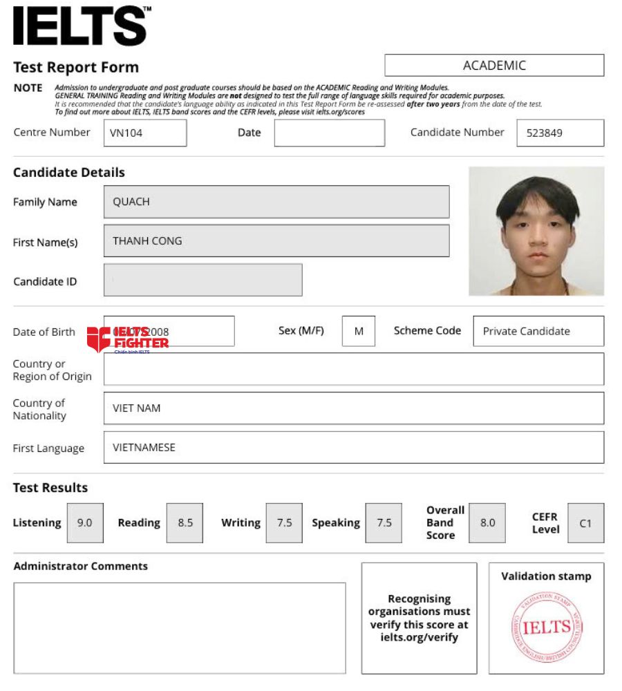 Chứng chỉ Qu&aacute;ch Th&agrave;nh C&ocirc;ng 8.0 IELTS