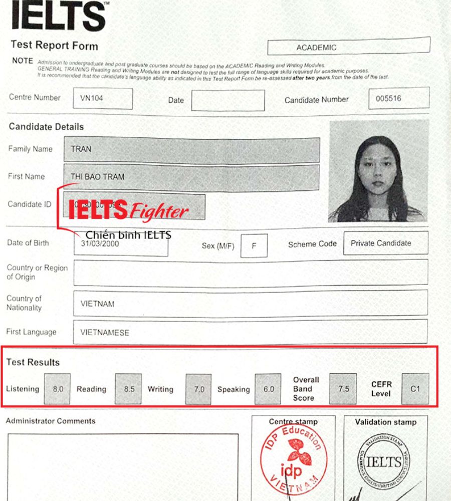 Chứng chỉ Trần Bảo Tr&acirc;m 7.5 IELTS