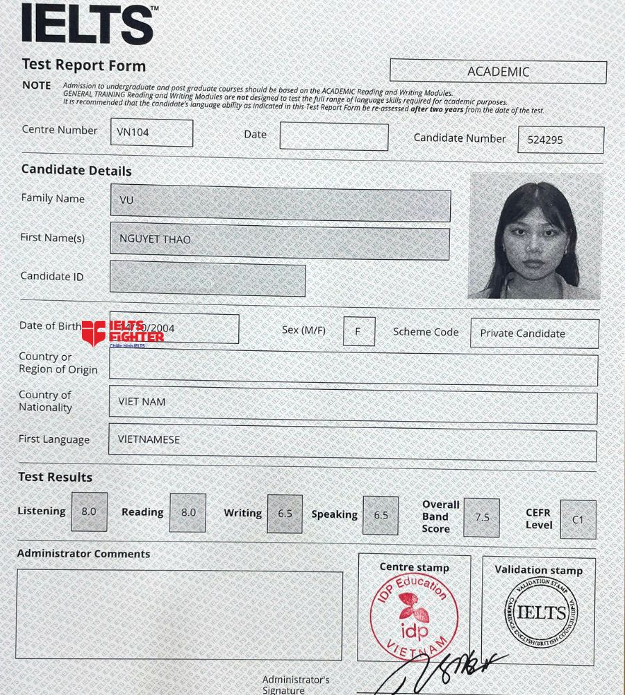 chứng chỉ Vũ Nguyệt Thảo  7.5 IELTS