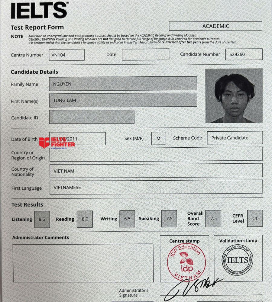 Chứng chỉ Nguyễn Tùng Lâm 7.5 IELTS