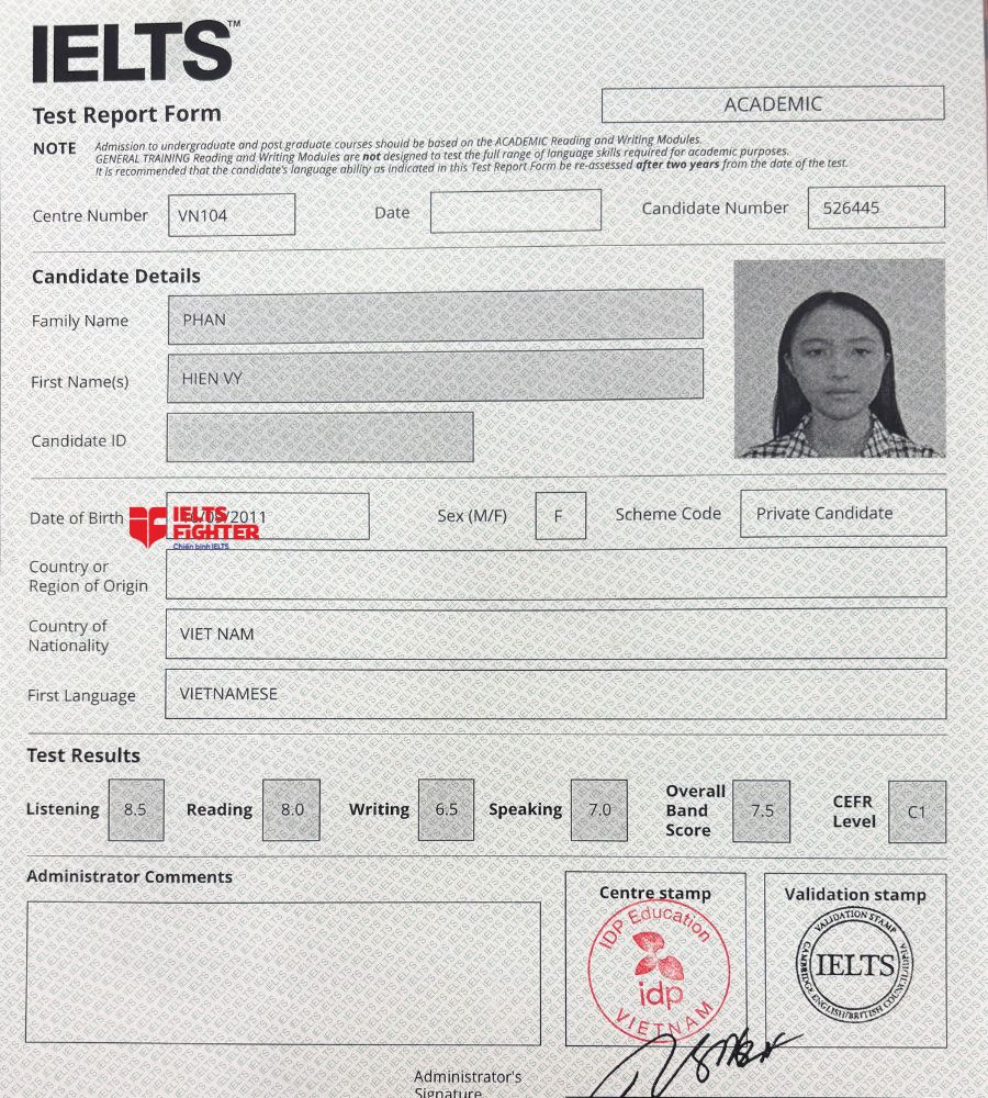 Chứng chỉ Phan Hiền Vy 7.0 IELTS