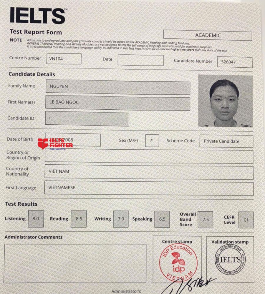 Chứng chỉ Nguyễn L&ecirc; Bảo Ngọc 7.5 IELTS