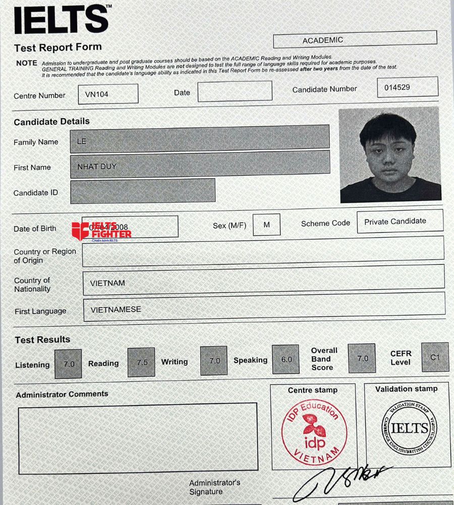 Chứng chỉ L&ecirc; Nhất Duy 7.0 IELTS