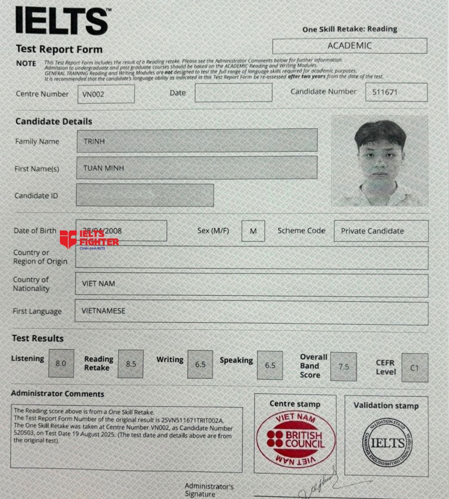 Chứng chỉ Trịnh Tuấn Minh 7.5 IELTS