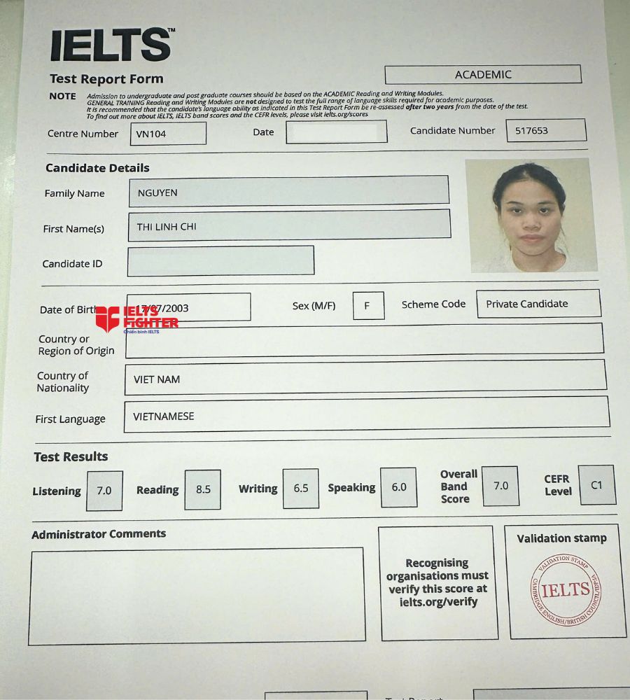 Chứng chỉ Nguyễn Thị Linh Chi  7.0 IELTS