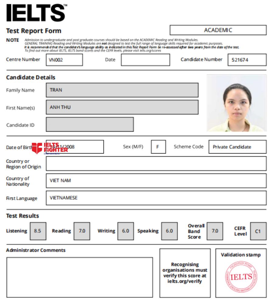 Chứng chỉ Trần Anh Thư 7.0 IELTS