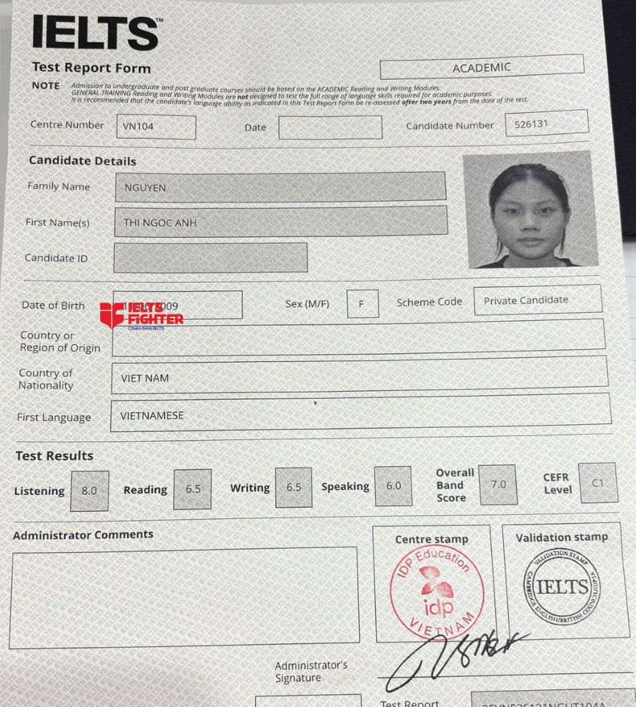 Chứng chỉ Nguyễn Thị Ngọc Anh 7.0 IELTS