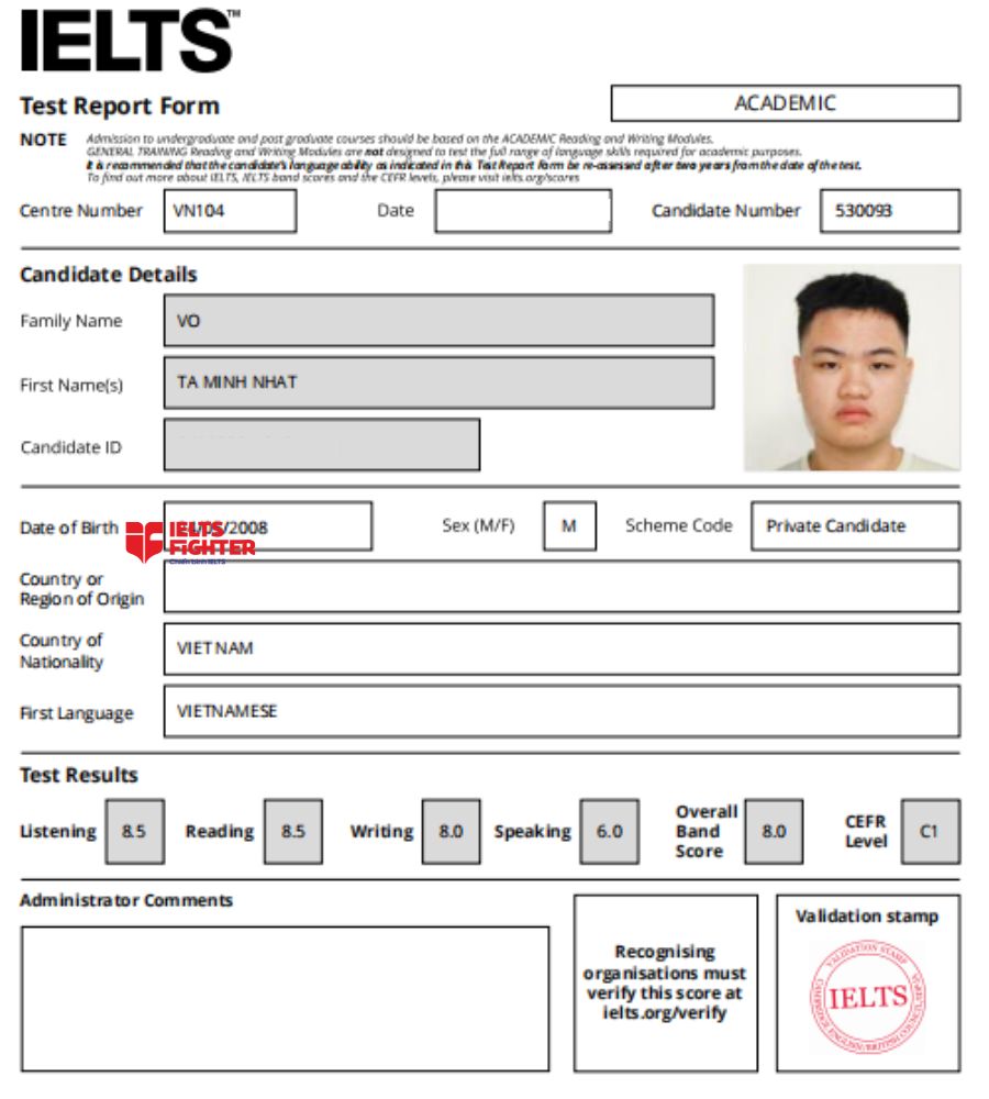 Chứng chỉ Võ Tá Minh Nhật 8.0 IELTS
