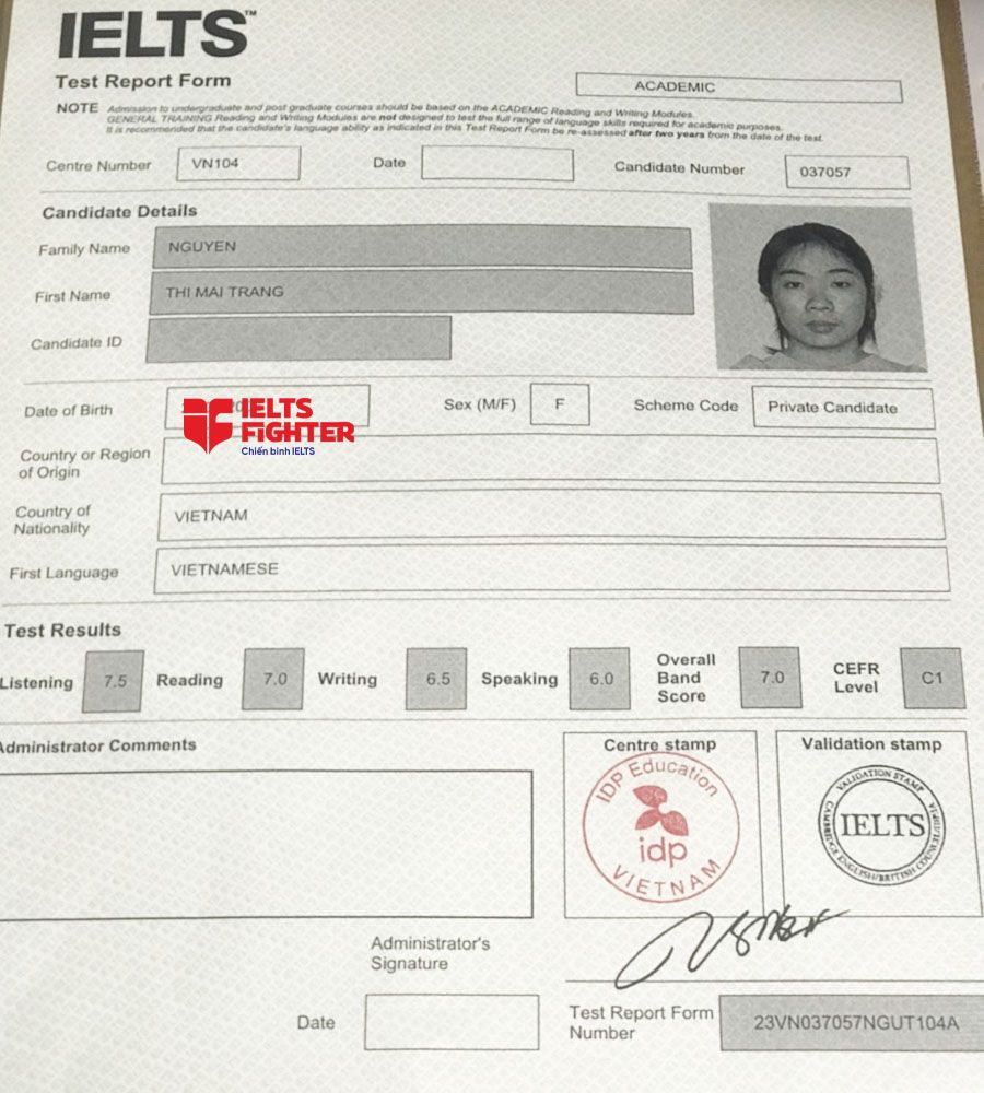 bảng điểm Mai Trang 7.0 IELTS