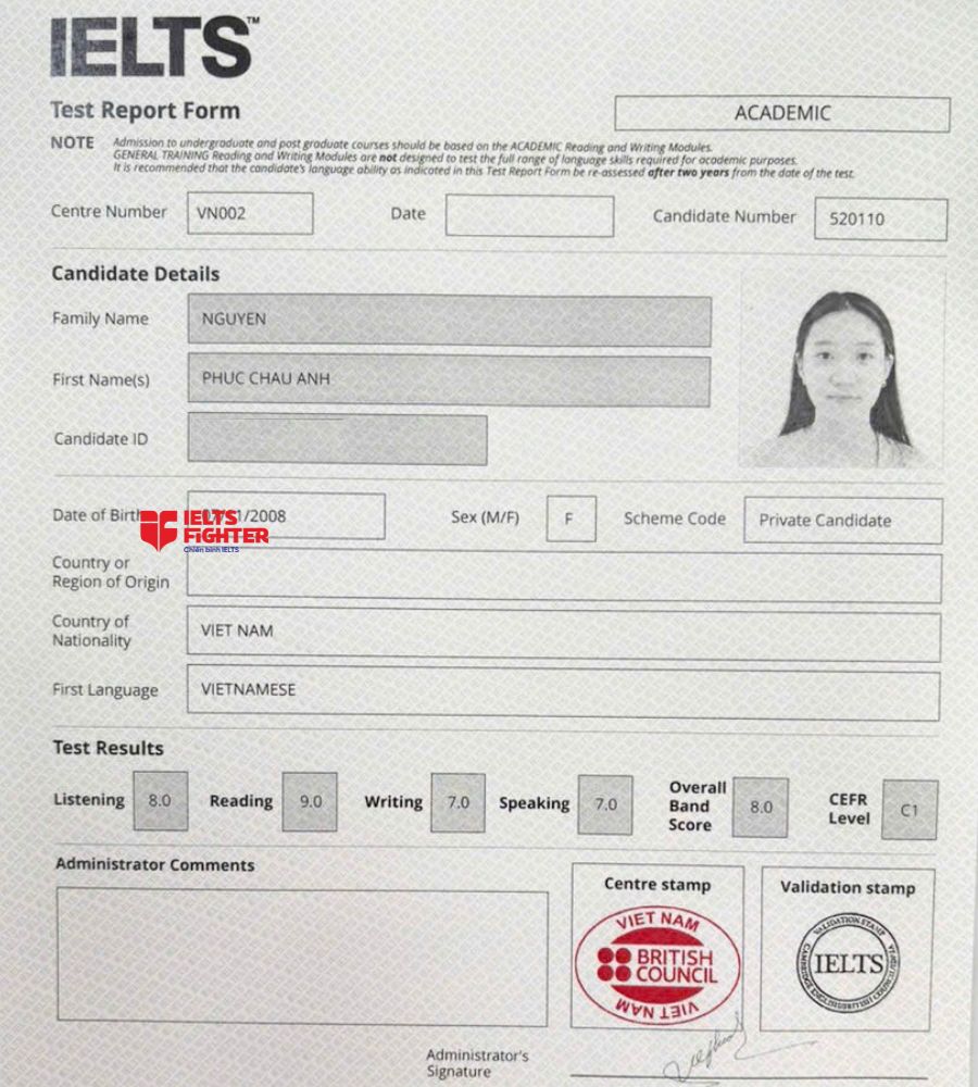 Chứng chỉ Nguyễn Ph&uacute;c Ch&acirc;u Anh 8.0 IELTS