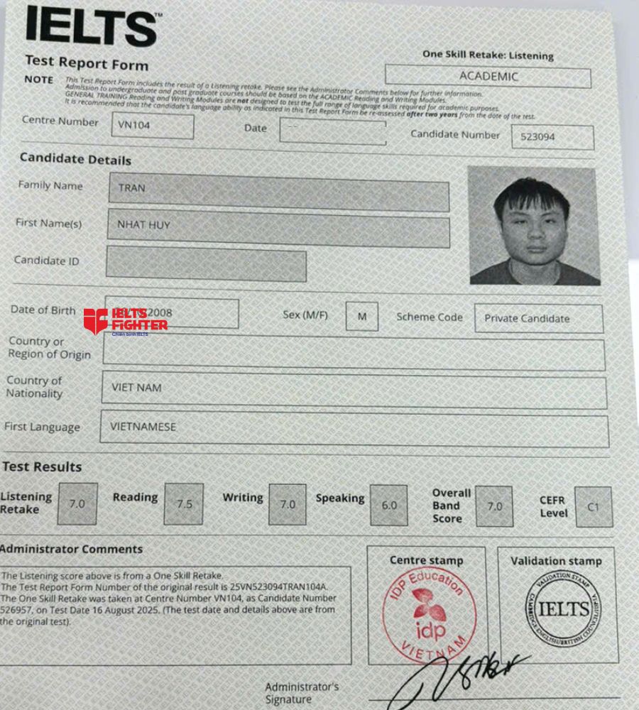 Chứng chỉ Trần Nhật Huy 7.0 IELTS