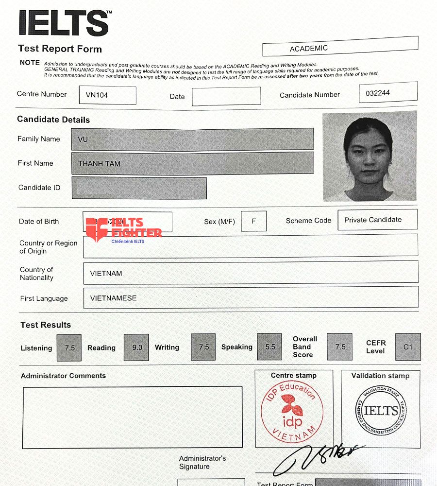 bảng điểm Thanh T&acirc;m 7.5 IELTS