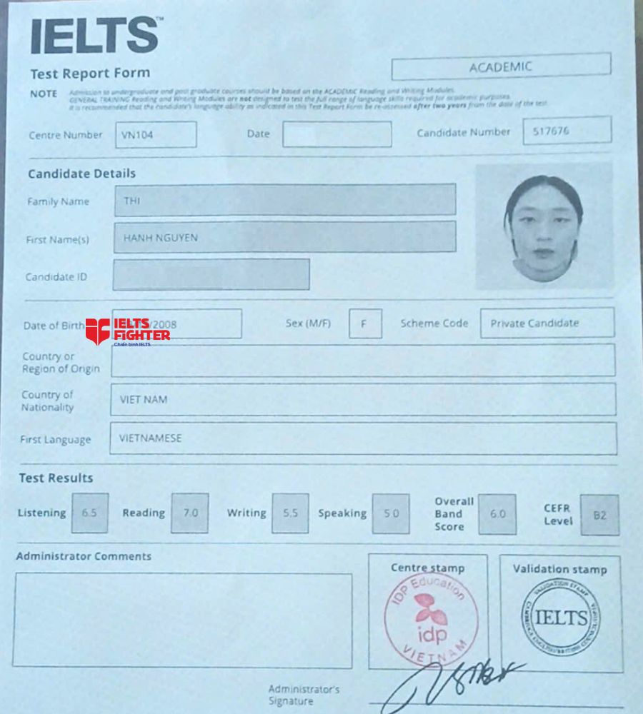 Chứng chỉ Thi Hạnh Nguy&ecirc;n 6.0 IELTS