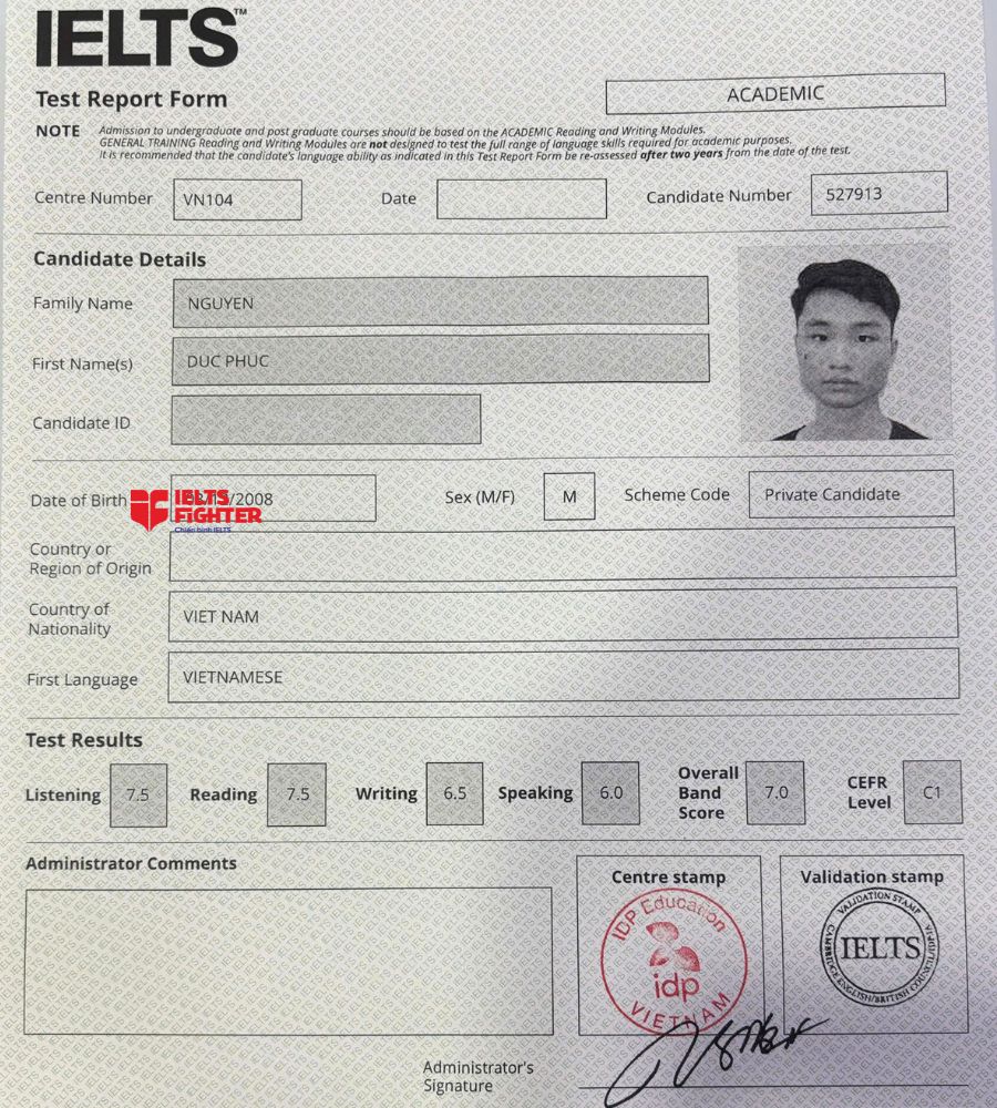 Chứng chỉ Nguyễn Đức Ph&uacute;c 7.0 IELTS