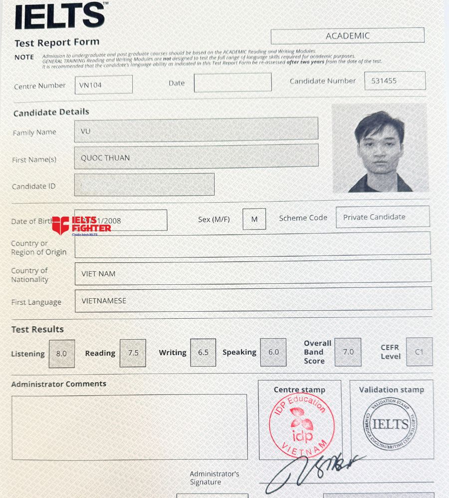 Chứng chỉ Vũ Quốc Thuận 7.0 IELTS