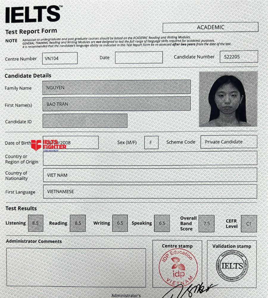 Chứng chỉ Nguyễn Bảo Tr&acirc;n 7.5 IELTS