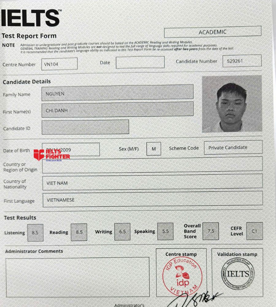 Chứng chỉ Nguyễn Ch&iacute; Danh 7.0 IELTS