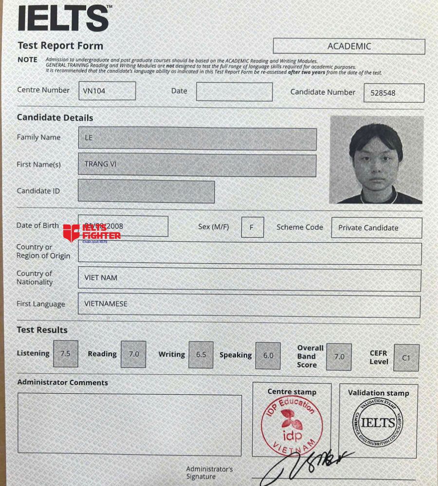 Chứng chỉ L&ecirc; Trang Vi  7.0 IELTS