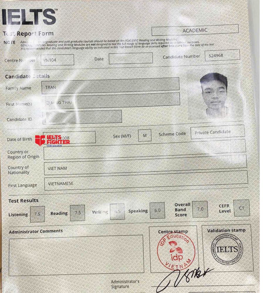 chứng chỉ Trần Quang Thái 7.0 IELTS