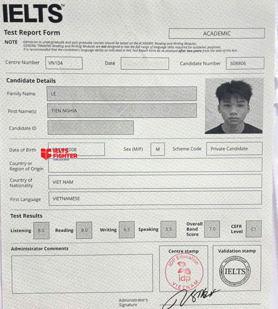 Chứng chỉ L&ecirc; Tiến Nghĩa 7.0 IELTS
