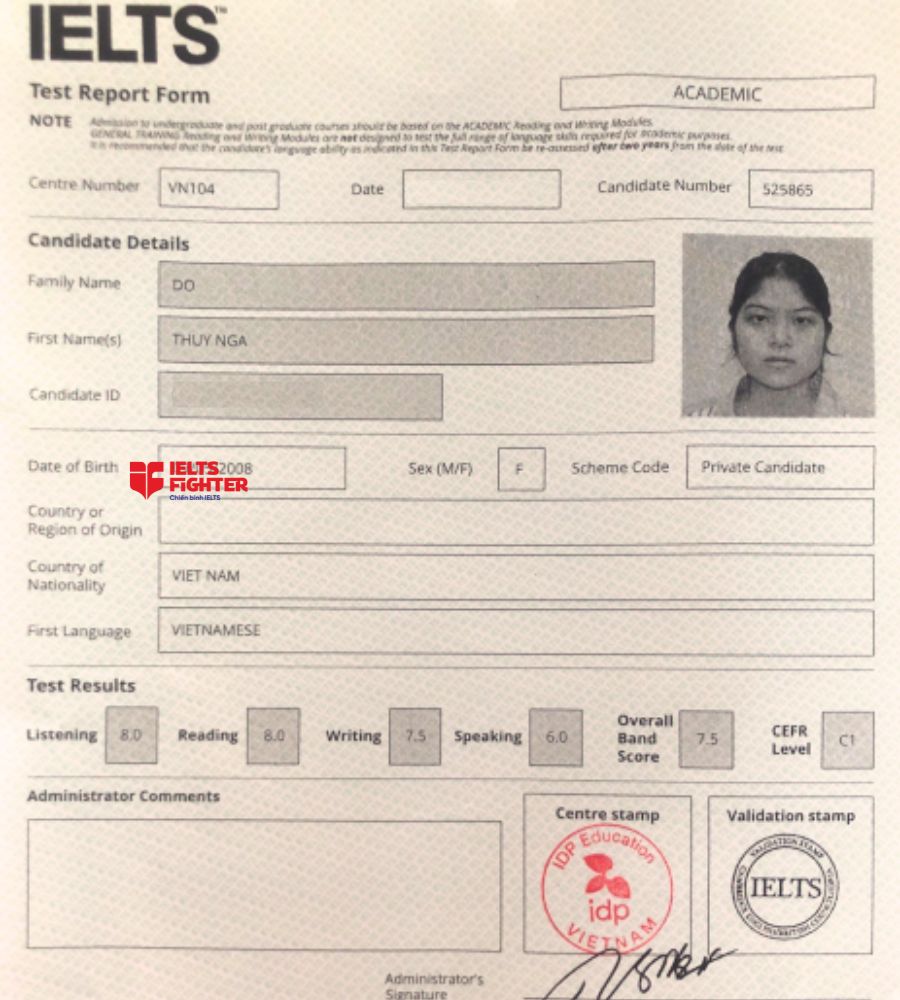 Chứng chỉ Đỗ Th&uacute;y Nga 7.5 IELTS