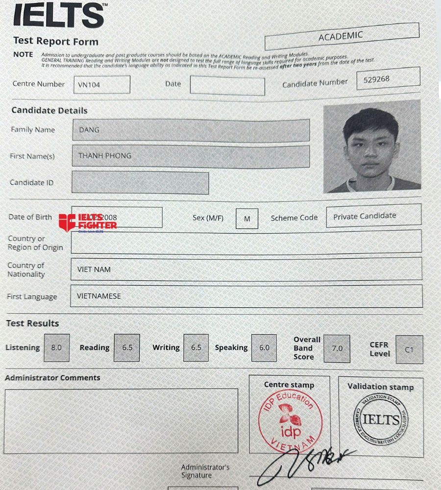 Chứng chỉ Đặng Thanh Phong 7.0 IELTS