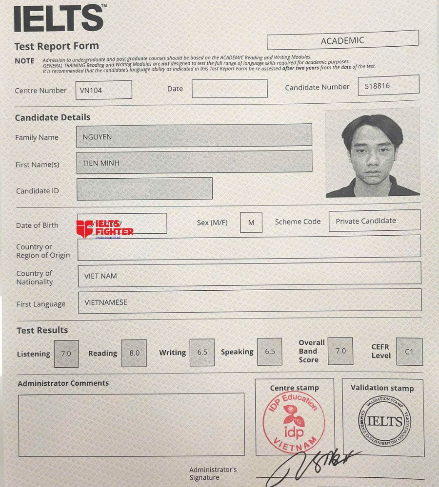 Chứng chỉ Nguyễn Tiến Minh 7.0 IELTS
