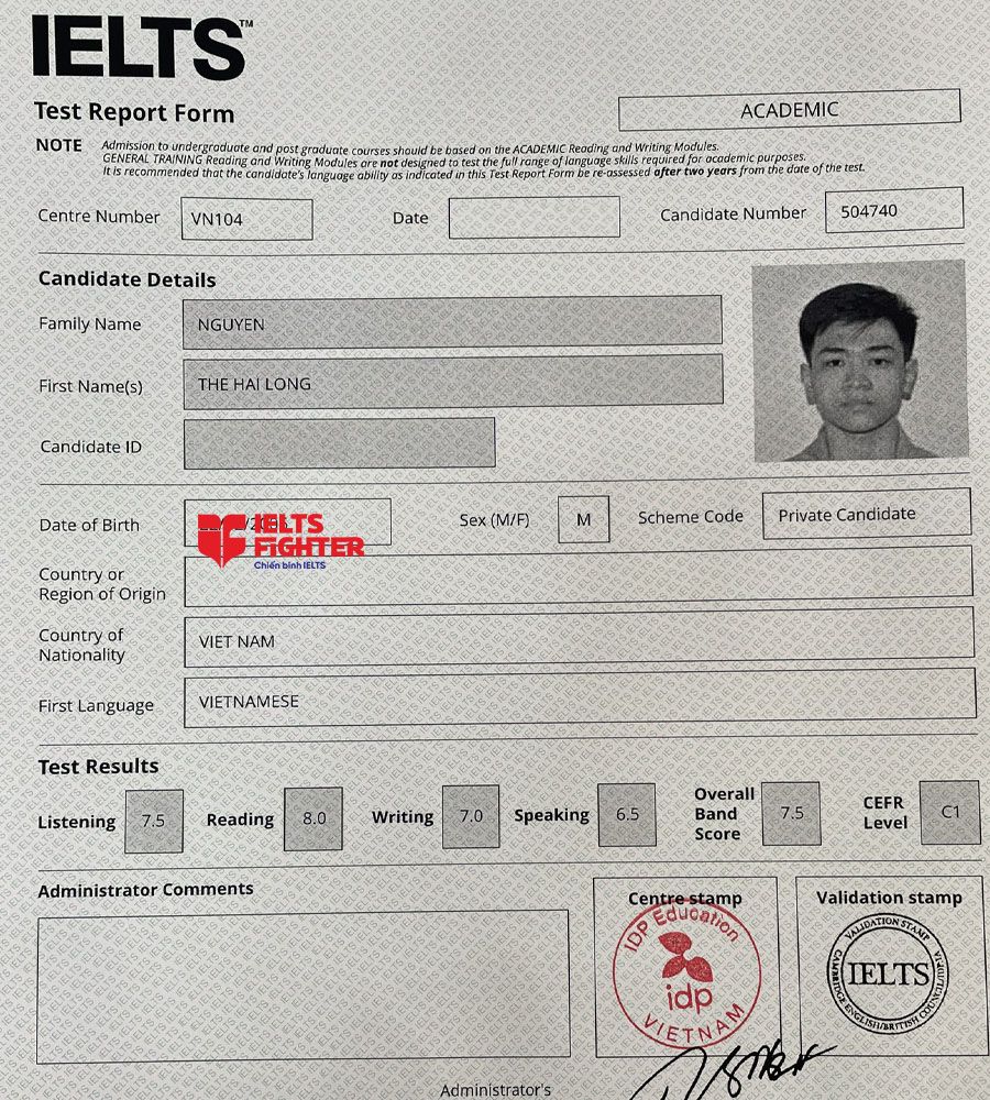 bảng điểm Nguyễn Thế Hải Long 7.5 IELTS