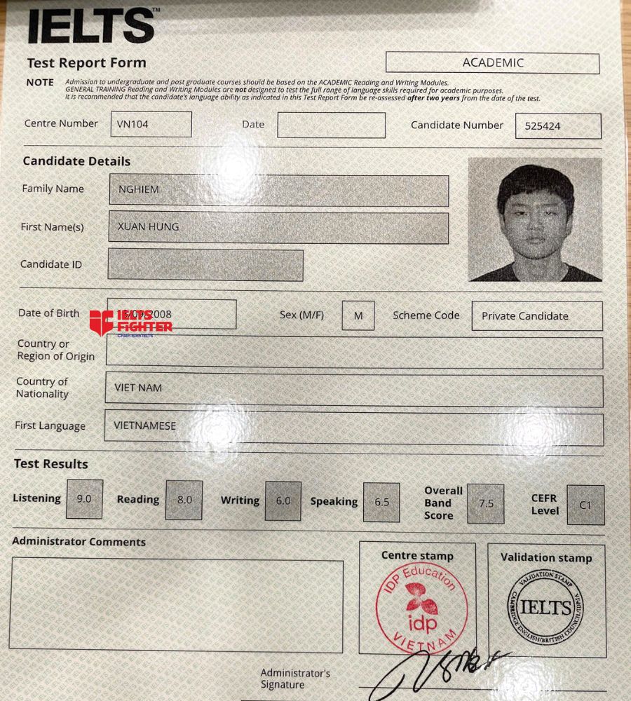 Chứng chỉ Nghi&ecirc;m Xu&acirc;n Hưng 7.5 IELTS