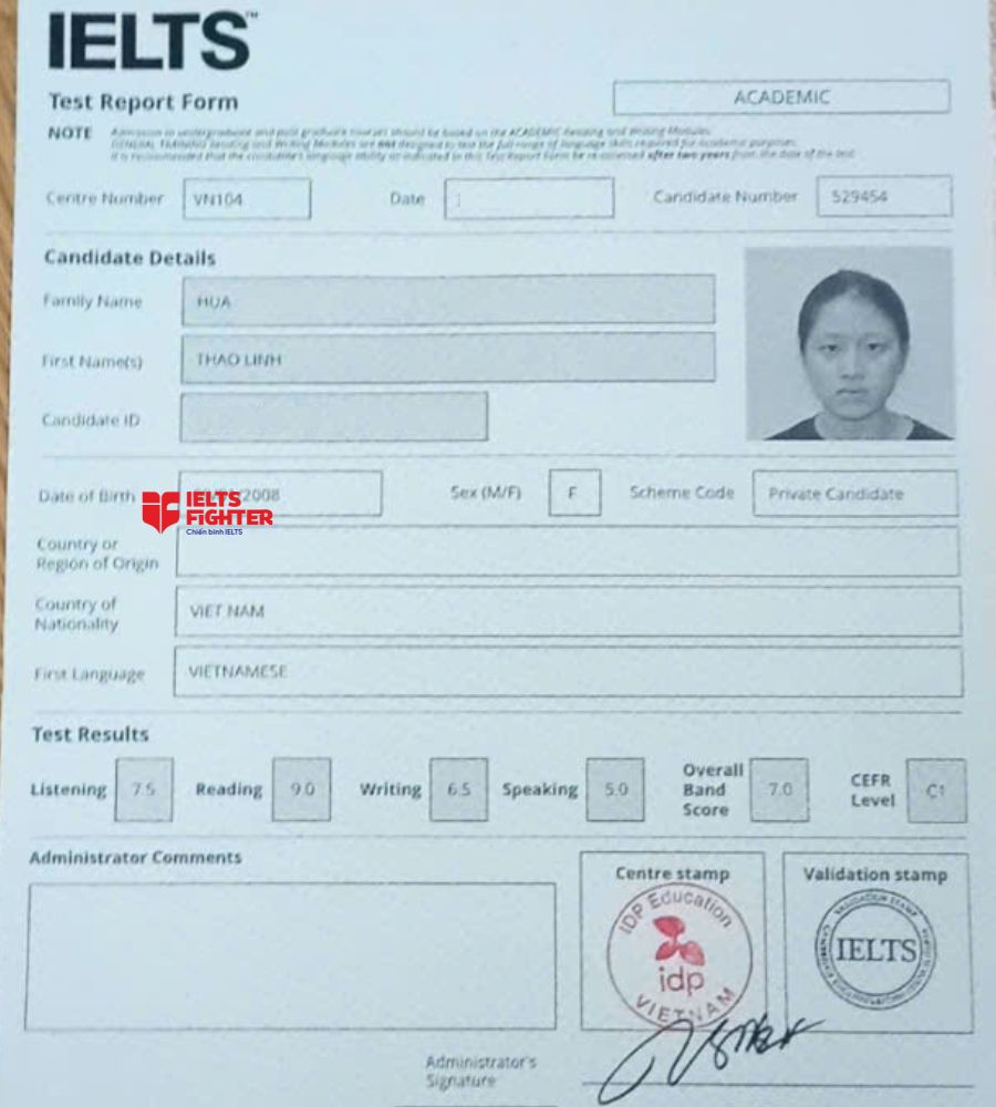 Chứng chỉ Hứa Thảo Linh 7.0 IELTS