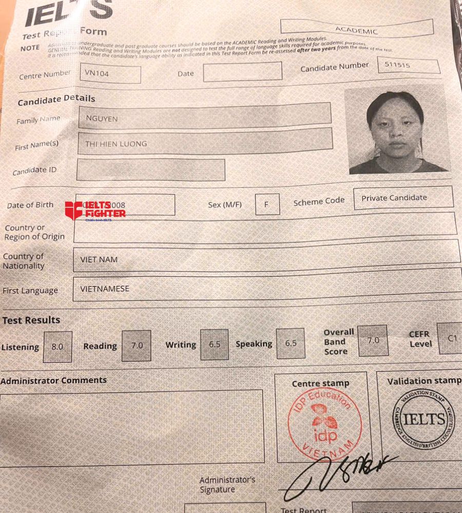 Chứng chỉ Nguyễn Thị Hiền Lương  7.0 IELTS